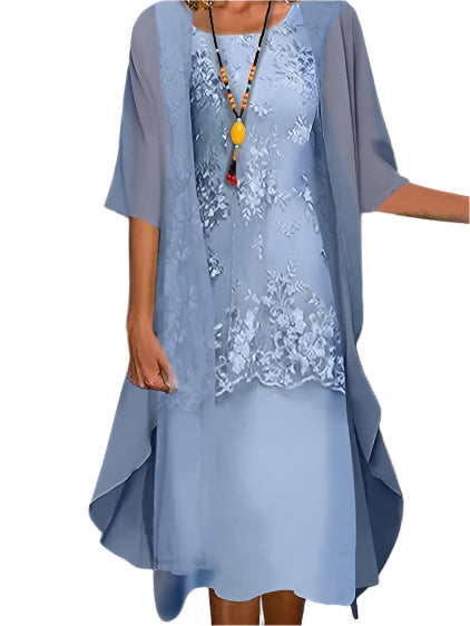 Robe Midi pour Invitées de Mariage Femme Manches Fluides Transparentes Silhouette Superposée Élégante Formelle