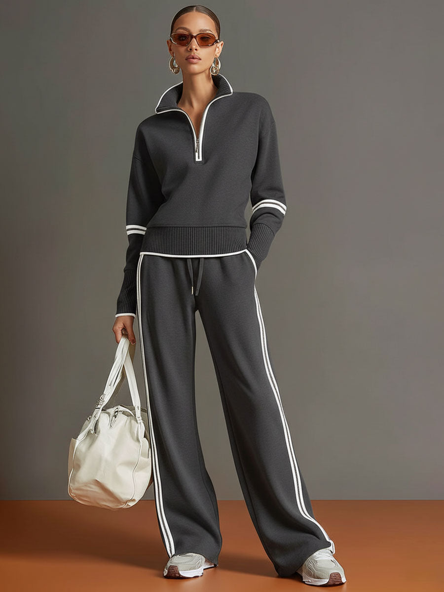 Ensemble Sportif Rétro Femme en Deux Pièces Sweat-Shirt à Demi-Zip Pantalons à Jambes Larges à Rayures – Gris Blanc