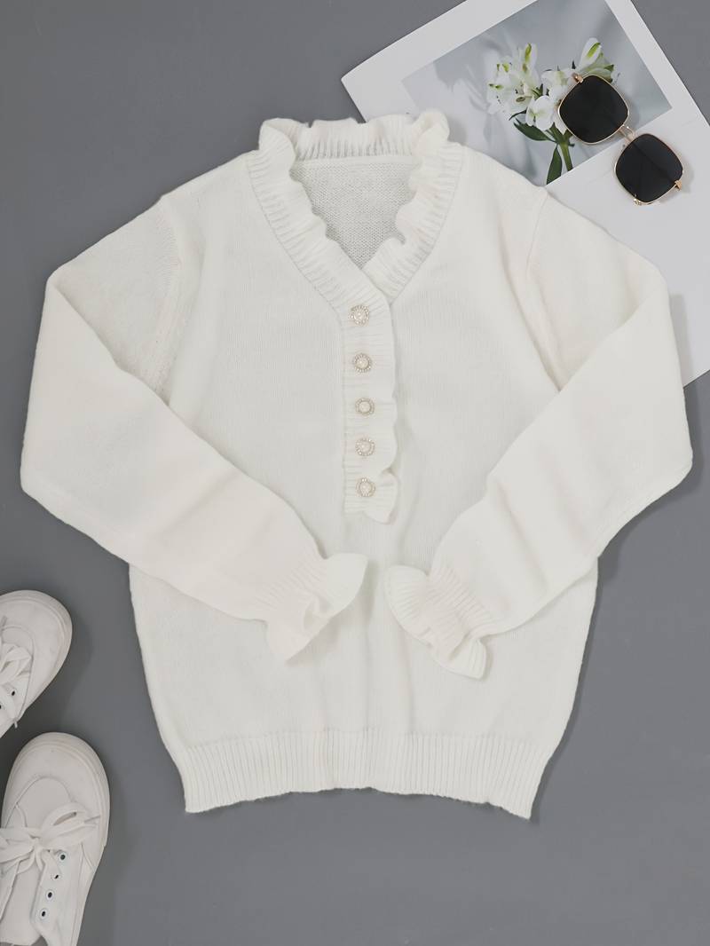 Blouse à volants pour femmes avec boutons décoratifs décolleté fluide féminine élégante décontractée chic – Darcey
