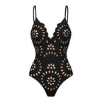 Maillot de Bain Une Pièce à Découpes Florales Au laser Pour Femmes & Ensemble Jupe Longue à Décolleté En V – Noir