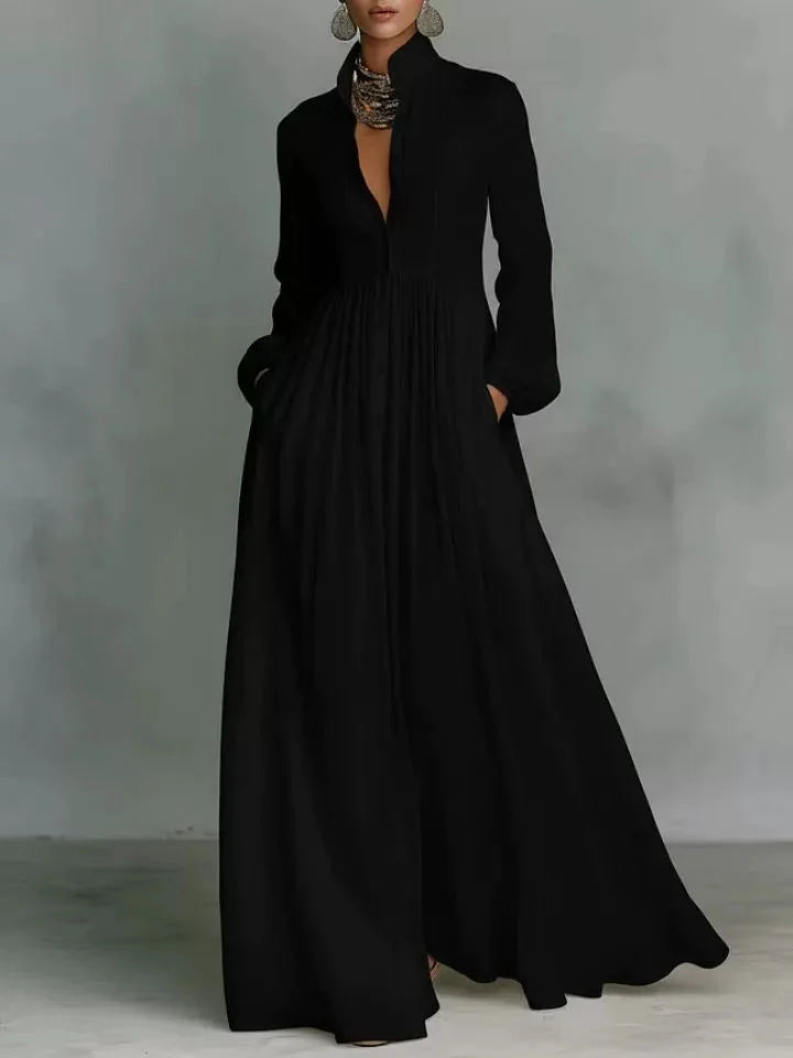 Robe Longue Formelle Décontractée En Coton Et lin Minimaliste Pour Femmes à Col Montant et Boutonnage Simple – Blanc