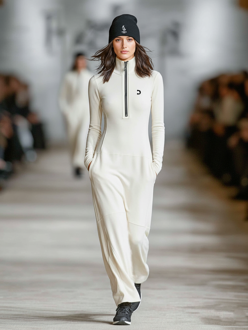 Robe Longue en Mélange de Coton pour Femmes avec Col Mi-Haut et Fermeture Éclair, Coupe Ample, Style Décontracté Athleisure – Noir