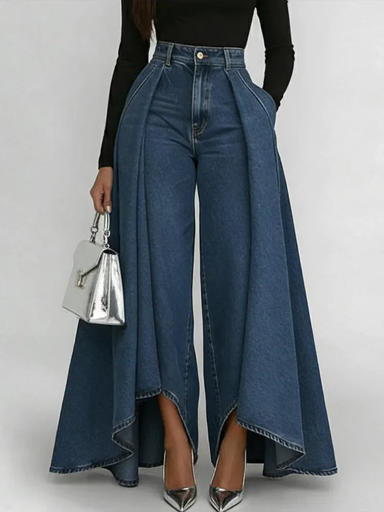 Damenjeans mit hoher Taille, weiter, lässiger Schnitt, modisch, für den Alltag, Streetwear Palazzo aus ausgestelltem Denim – Maverick