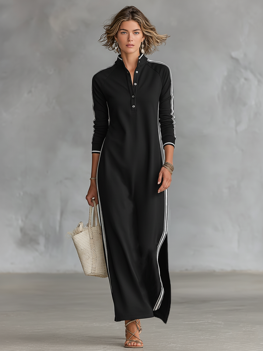 Robe longue décontractée minimaliste d'été pour femmes avec col boutonné et bord blanc chic – Noir
