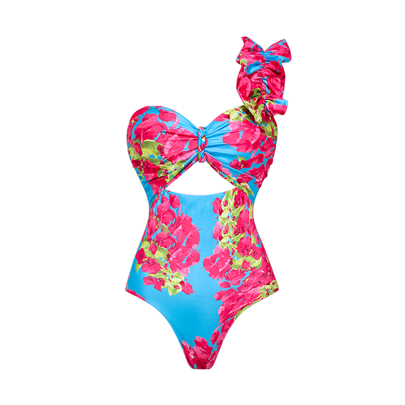 Ensemble Maillot de Bain Une Pièce Découpe Laser Floral Col V Bretelles Jupe Longue Bleu Tropical Resort Plage Vacances – Azuleiha