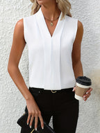 Blusa senza maniche plissé con scollo a V per donne elegante e fluida per lavoro, casual, brunch versatile e chic – Beatrice