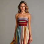 Langes Plissiertes Damenkleid mit Schmuckfarben-Streifen, trägerlos, für formelle Hochzeitsgäste und Sommerfeste – Judith