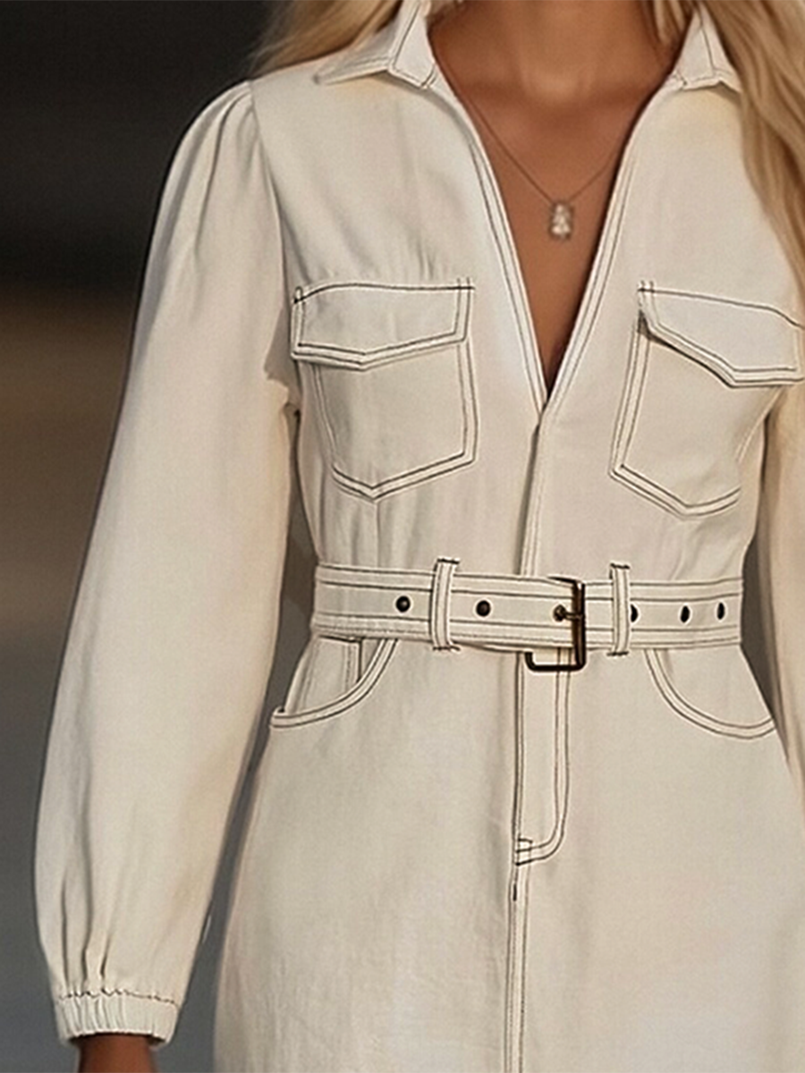 Robe Femme Courte Denim Rétro Franges Ceinture Manches Longues Coupe Cowgirl Soirée Chic Bureau Week-End Quotidien Automne – Dixie