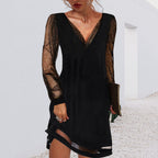 Robe Midi Élégante à Manches en Dentelle pour Femme, V-Cou, en Polyester Soirée Élastique – Matilda Noir