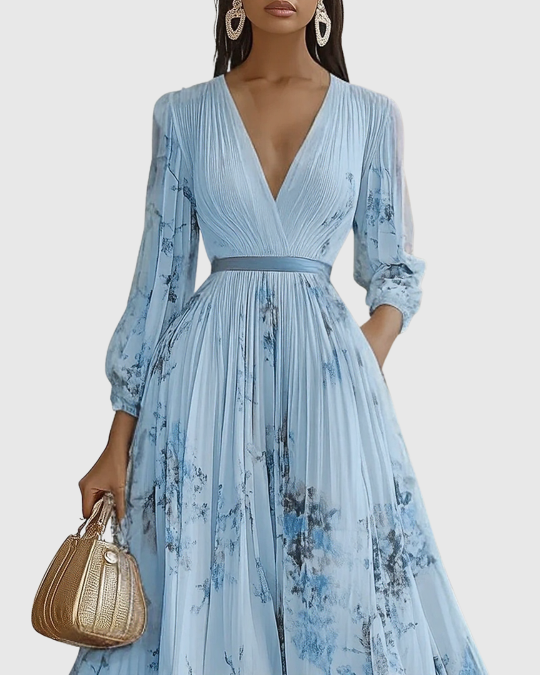 Robe Longue Plissée Florale Élégante pour Femme, Col V, Manches Longues, Taille Ruban, Formelle et Décontractée – Rowella