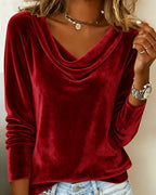 Top de terciopelo con cuello drapeado para mujer, de manga larga, casual, elegante, para uso diario, trabajo, fiesta, vacaciones, festivo, suave – Veloria