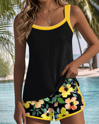 Ensemble de Tankini Femme à Deux Pièces Imprimé Floral avec Short Dos Nu pour Plage, Vacances, Piscine, Été, Station Balnéaire – Soleil