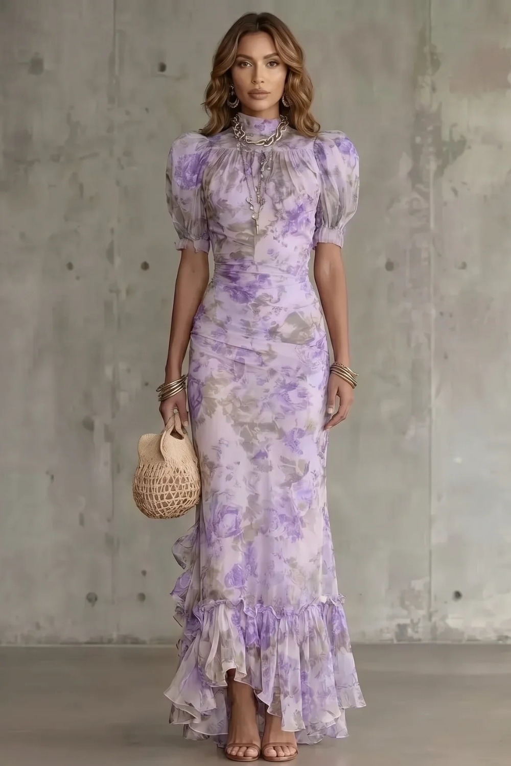 Vestido largo floral vintage mangas abullonadas cuello alto corsé ajustado dobladillo volante poliéster mujer elegante boda jardín fiesta – Roselique