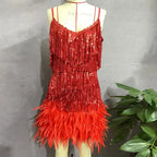 Robe Mini Élégante en Sequins avec Plumes Roses à Bretelles Spaghetti pour Soirée Cocktail