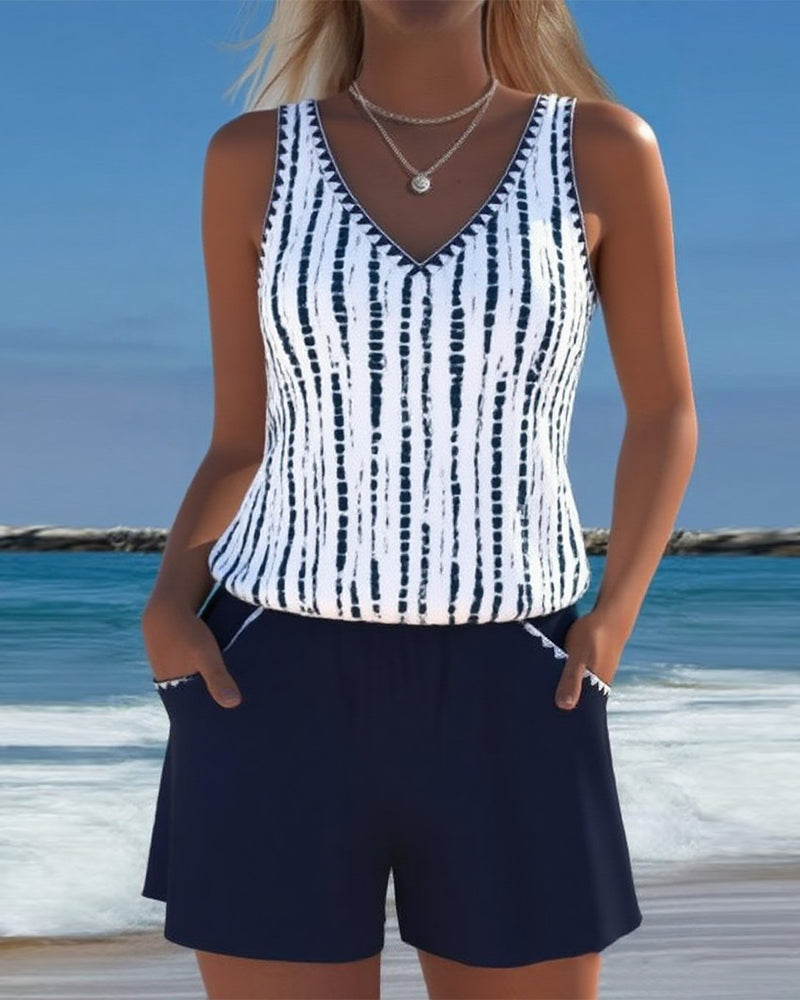 Ensemble Tankini à Rayures avec Poche V-Cou pour Femmes, Short Uni, Plage, Piscine, Vacances, Resort, Décontracté, Été, Actif – Nautica