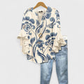 Blusa leggera con stampa floreale da donna con volant e maniche a campana, scollo a V, elegante e casual – Kay