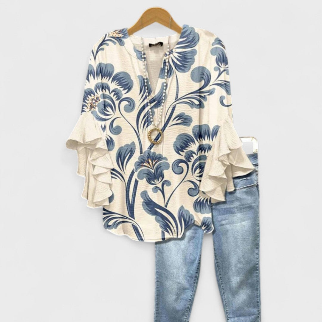 Blusa ligera con estampado floral para mujer con volantes y mangas campana, escote en V, elegante y casual – Kay