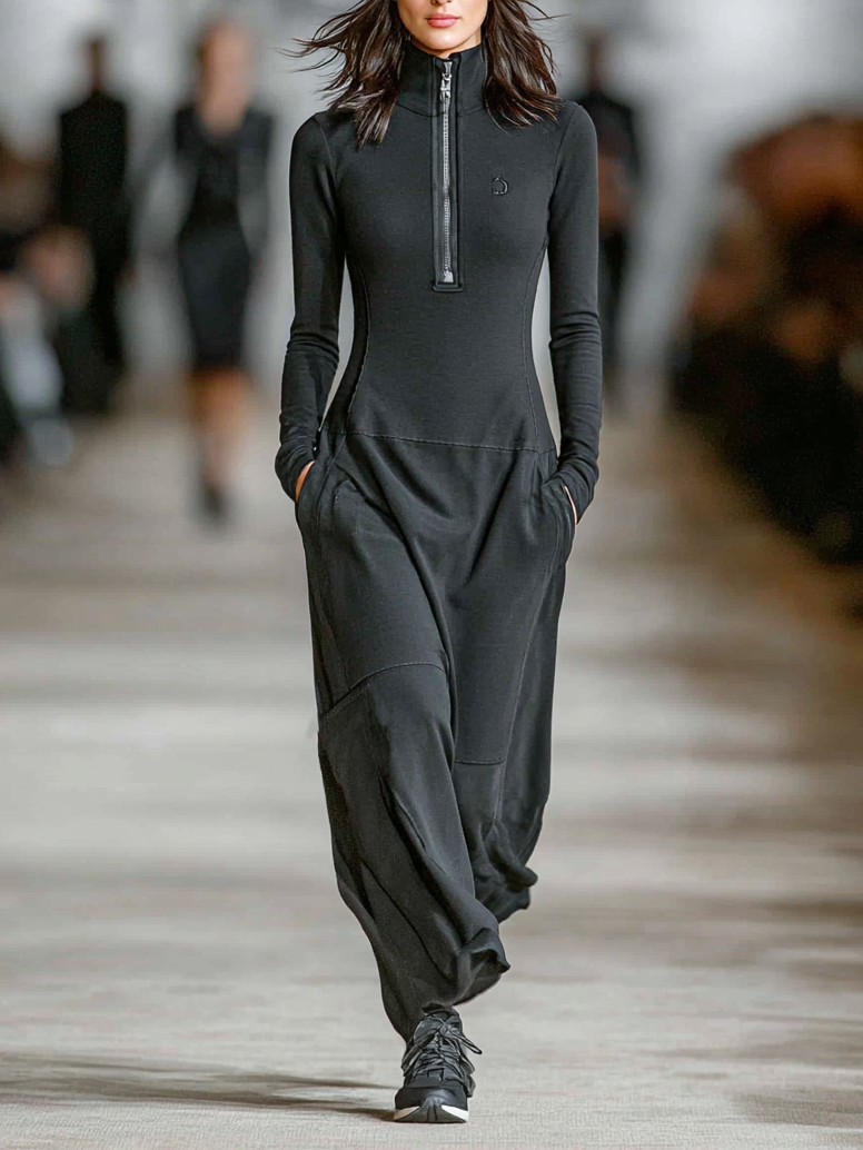 Robe Longue en Mélange de Coton pour Femmes avec Col Mi-Haut et Fermeture Éclair, Coupe Ample, Style Décontracté Athleisure – Noir
