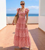 Ensemble Maillot de Bain Une Pièce Volants Twist Front Rayures Rouge Blanc Jupe Maxi Resort Plage Vacances Soirée – Rougeola