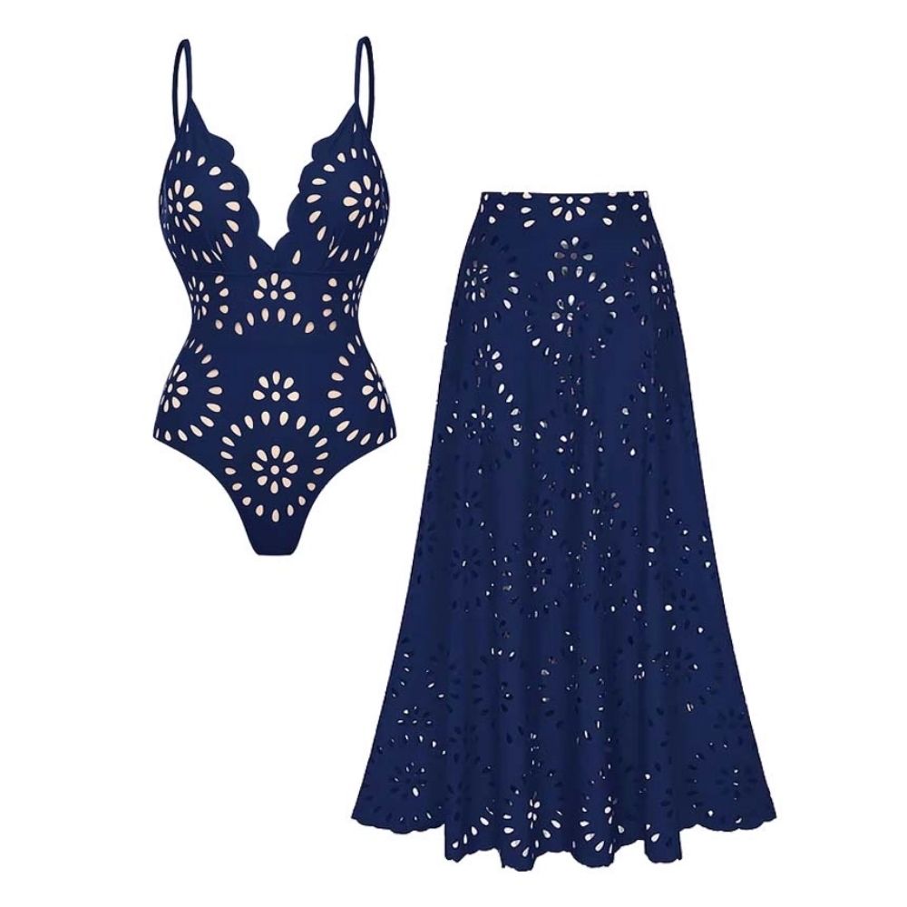 Maillot de bain une pièce en dentelle laser à fleurs creuses pour femmes avec jupe de couverture - Bleu marine