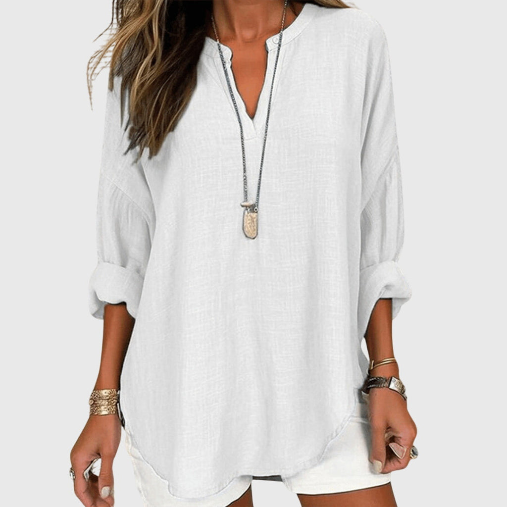 Chemise de Plage Élégante et Fluide pour Femmes à Col en V à Manches Longues, Coupe Décontractée, Casual Été – Lenara