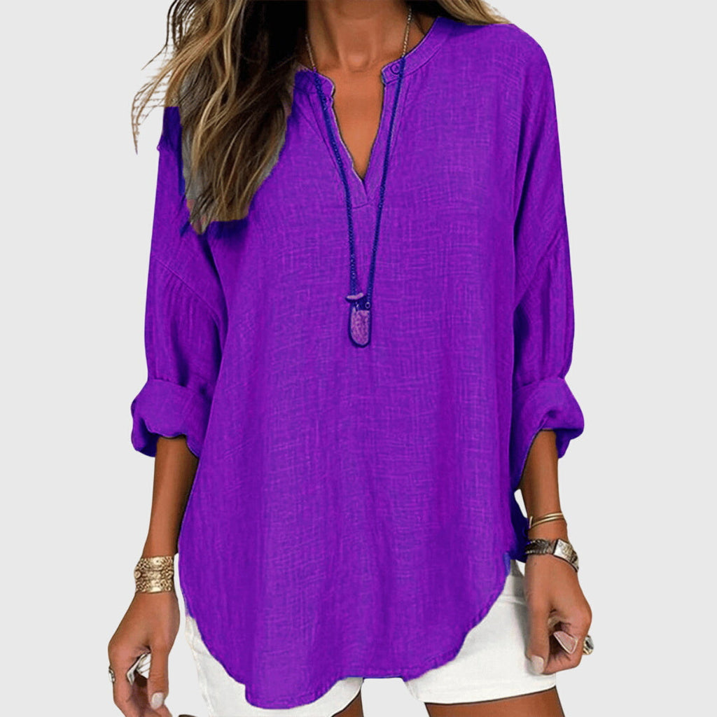 Chemise de Plage Élégante et Fluide pour Femmes à Col en V à Manches Longues, Coupe Décontractée, Casual Été – Lenara