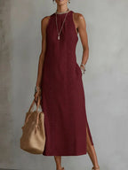 Robe Midi en Lin Minimaliste Rétro Femme Sans Manches Col Haut Détail en Dentelle Décontractée Été Plage Vacances Quotidien – Céleste