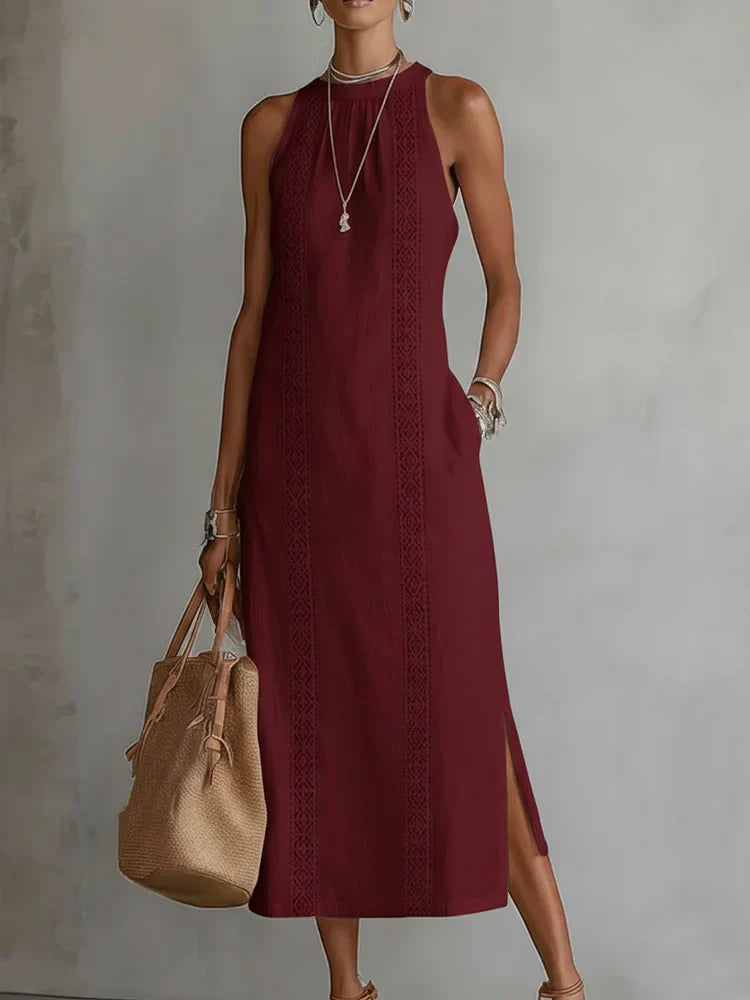 Robe Midi en Lin Minimaliste Rétro Femme Sans Manches Col Haut Détail en Dentelle Décontractée Été Plage Vacances Quotidien – Céleste
