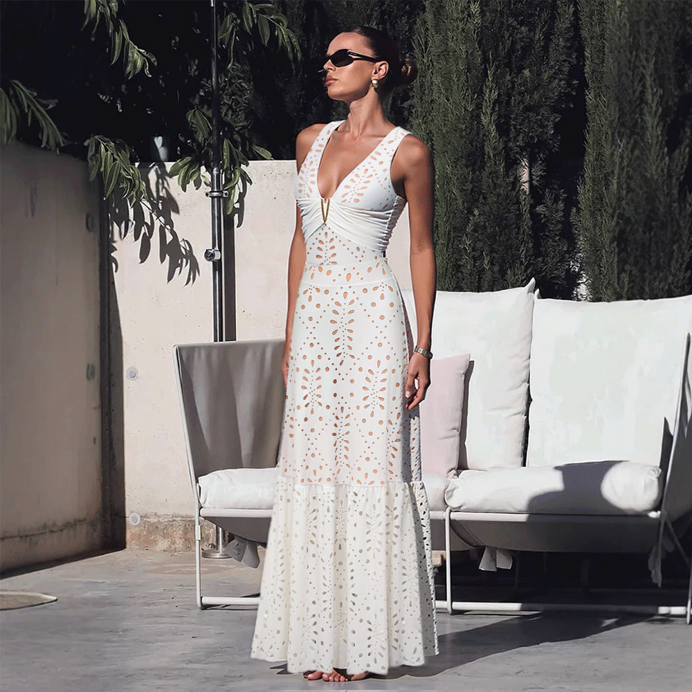 Ensemble Maillot de Bain Une Pièce Col V Découpe Laser Florale Jupe Maxi Blanc Resort Plage Lune de Miel Soirée – Laceline