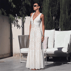 Ensemble Maillot de Bain Une Pièce Col V Découpe Laser Florale Jupe Maxi Blanc Resort Plage Lune de Miel Soirée – Laceline
