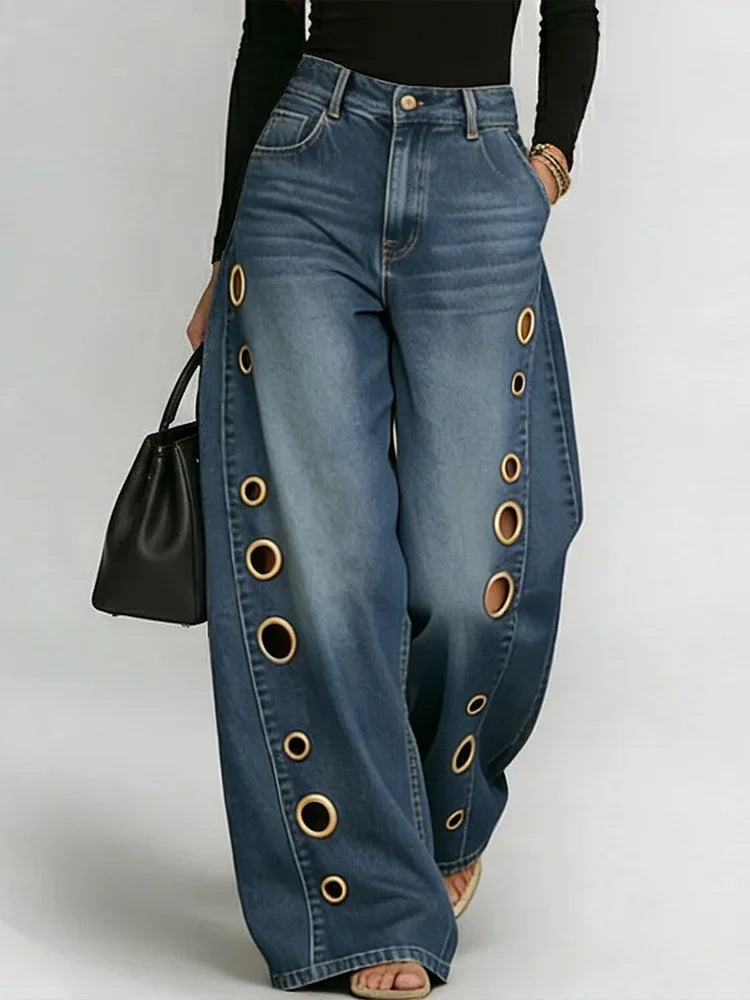 Jeans Damen Hohe Taille Weite Hose Freizeit Mode Alltag Streetwear Reißverschluss Denim – Riviera