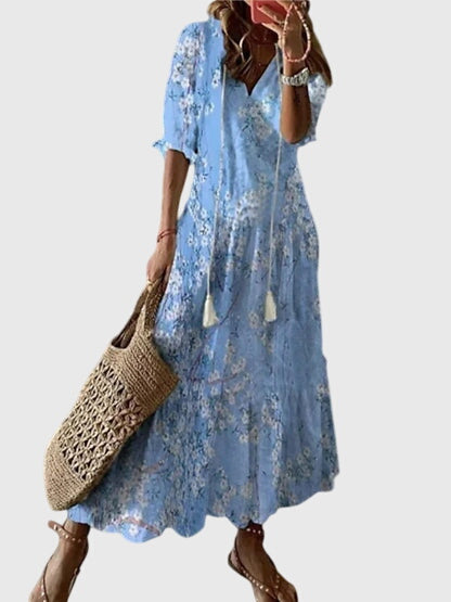 Robe Midi d'Été Vintage Boho pour Femmes Imprimé Floral à Manches Courtes Décontractée Féminine Chic – Amalia