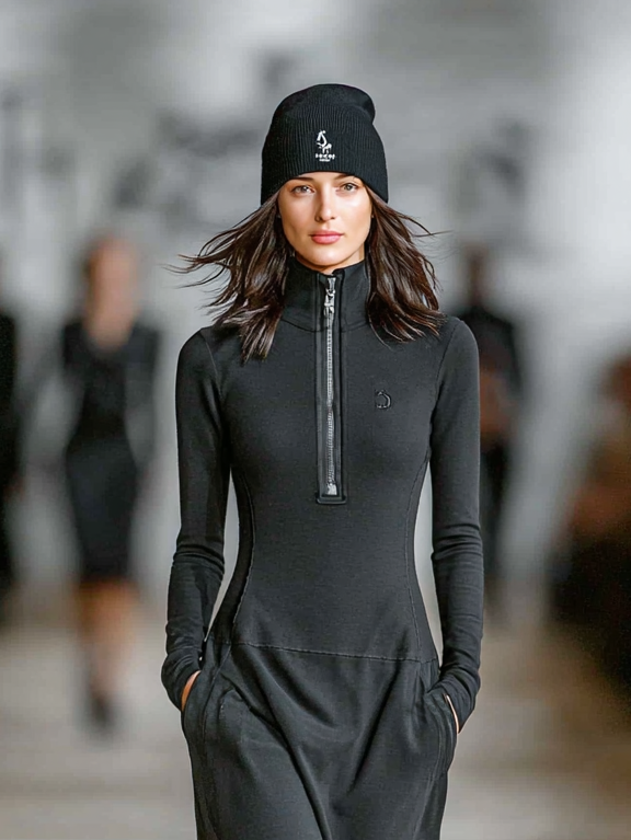 Robe Longue en Mélange de Coton pour Femmes avec Col Mi-Haut et Fermeture Éclair, Coupe Ample, Style Décontracté Athleisure – Noir