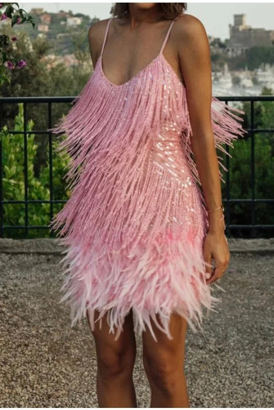 Robe Mini Élégante en Sequins avec Plumes Roses à Bretelles Spaghetti pour Soirée Cocktail