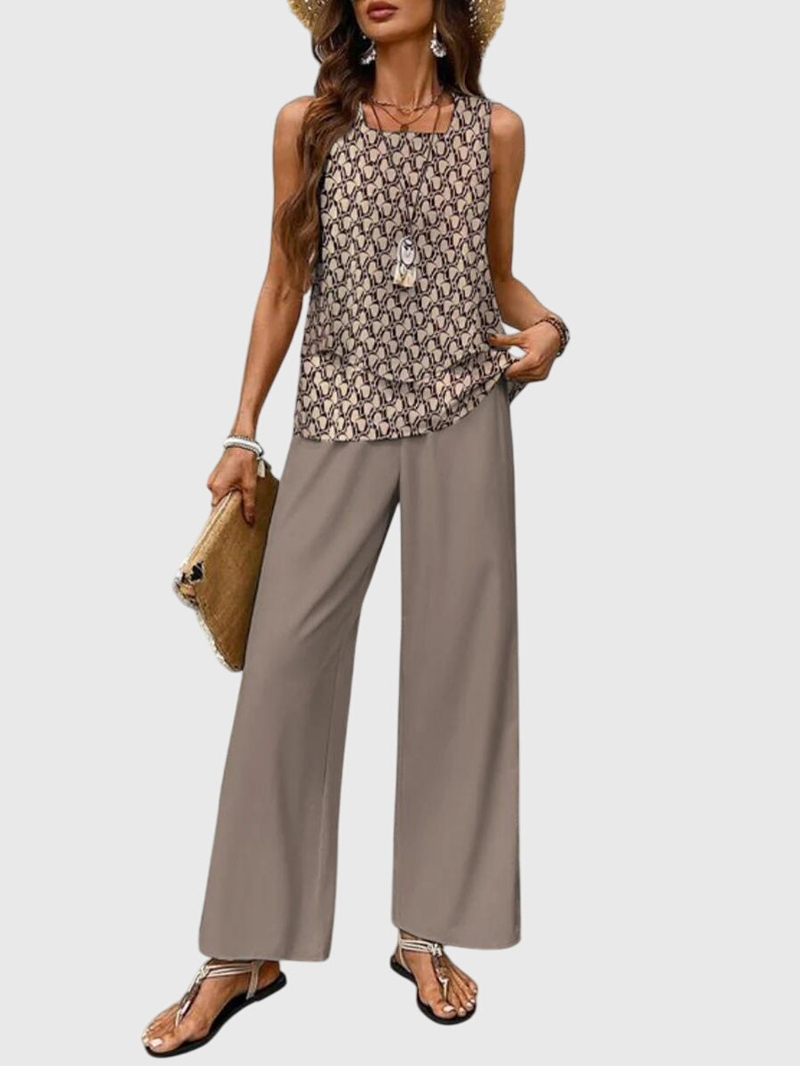 Ensemble d'Été Élégant 2 Pièces pour Femmes Haut à Col Carré Pantalons Amples Imprimé Floral Décontracté Chic – Brenda