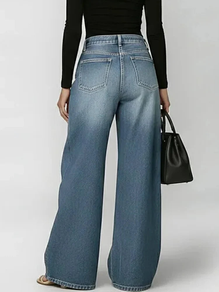 Jeans Damen Hohe Taille Weite Hose Freizeit Mode Alltag Streetwear Reißverschluss Denim – Riviera