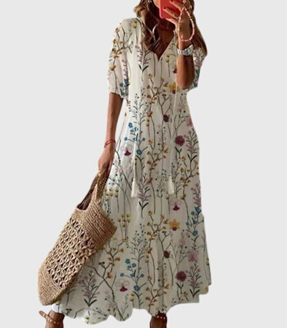 Robe Midi d'Été Vintage Boho pour Femmes Imprimé Floral à Manches Courtes Décontractée Féminine Chic – Amalia