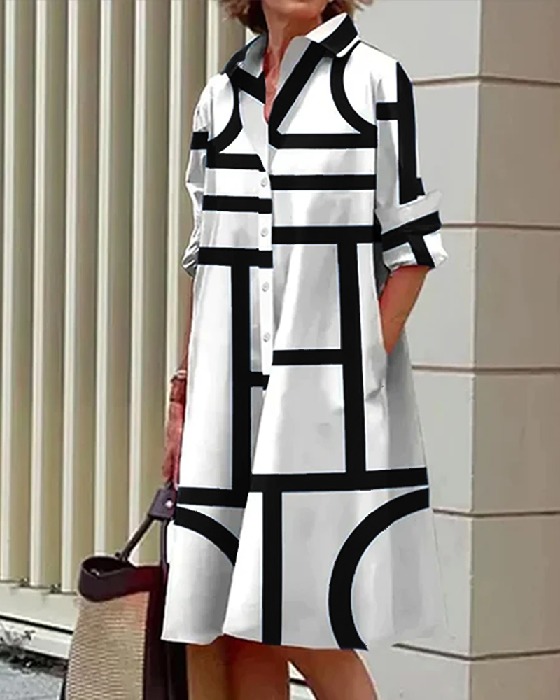 Robe Femme Imprimé Géométrique Moderne Poches Latérales Coton Polyester Travail Bureau Summer Casual Chic Polyvalente – Cléophée