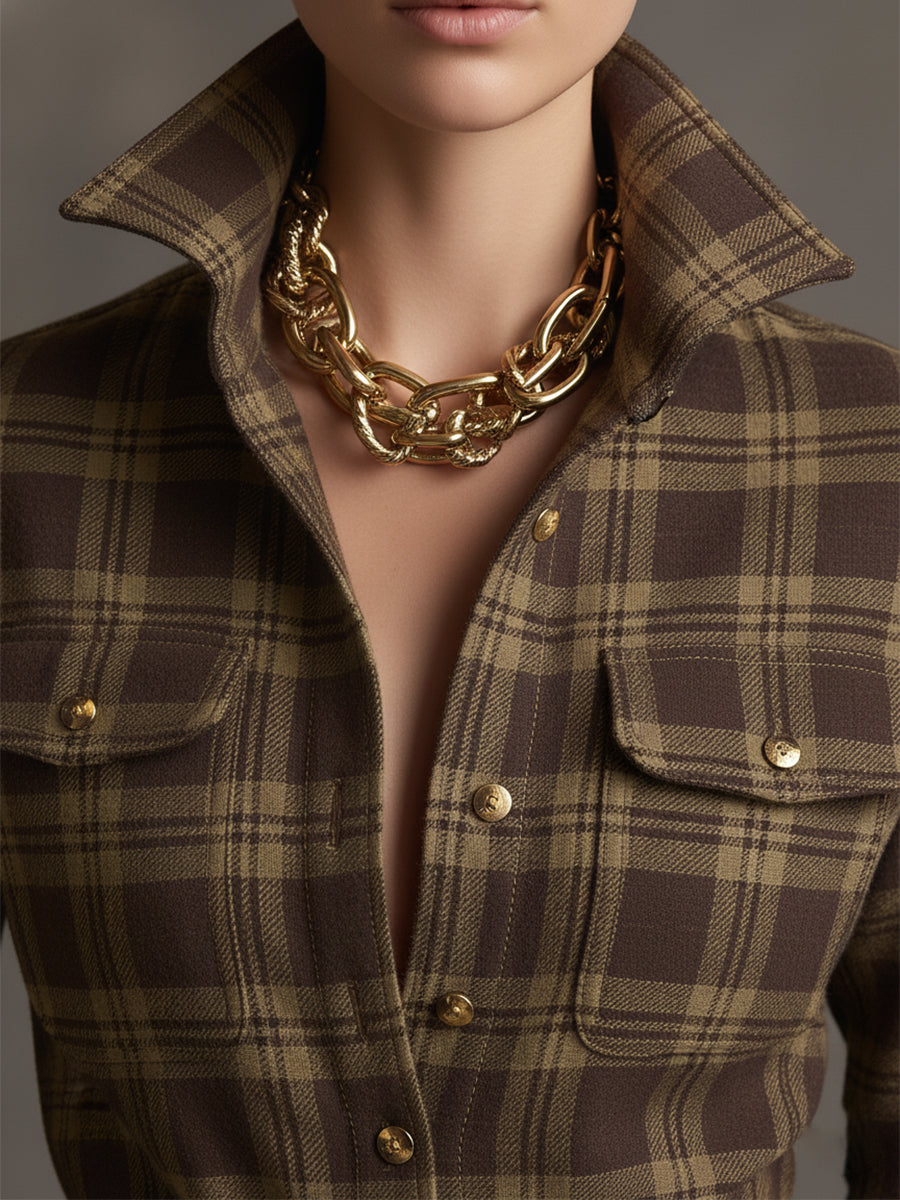 Robe longue décontractée à carreaux ethniques rétro pour femmes avec col, ceinture et manches longues – Marron rougeâtre