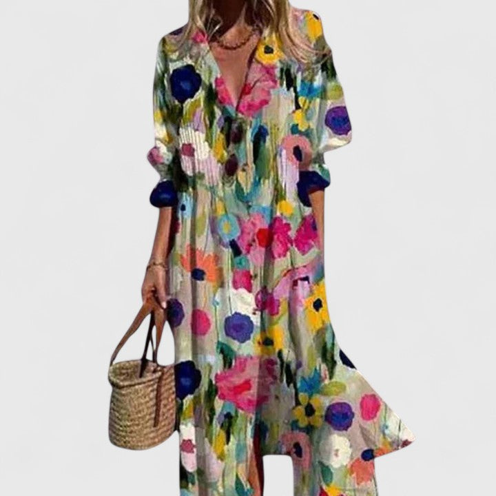 Robe Midi Été Élégante Boho Florale pour Femmes Imprimé Audacieux Sans Manches Fluide Décontractée – Paula