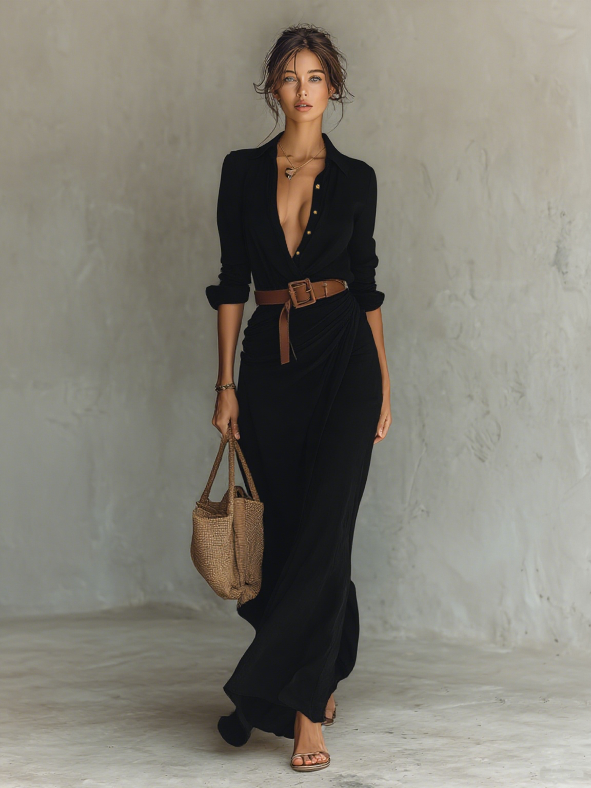 Robe Longue Élégante de Cowgirl pour Femme avec Col à Revers, Boutonnage Simple, Ceinture à la Taille, Manches Longues, Décontractée – Camel