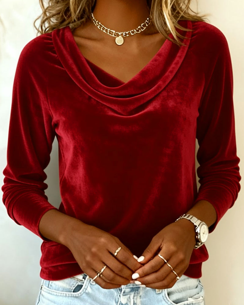 Top de terciopelo con cuello drapeado para mujer, de manga larga, casual, elegante, para uso diario, trabajo, fiesta, vacaciones, festivo, suave – Veloria