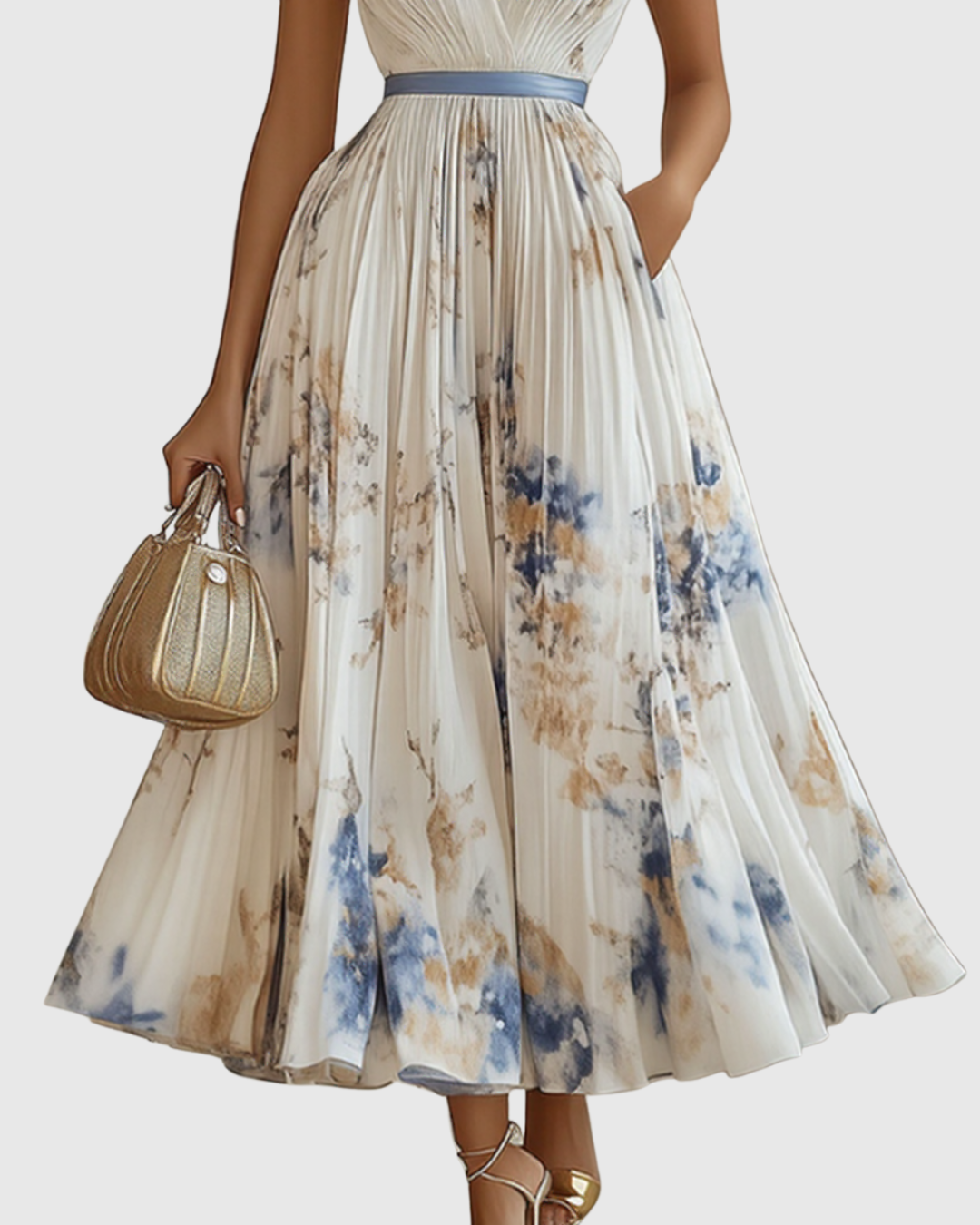 Robe Longue Plissée Florale Élégante pour Femme, Col V, Manches Longues, Taille Ruban, Formelle et Décontractée – Rowella