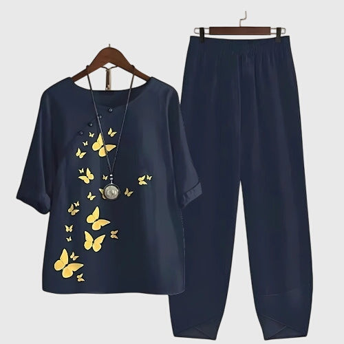 Lässiges Damen-Set aus zwei Teilen mit Print, kurzärmeligem Oberteil und weiten, bequemen Hosen für den Alltag – Alessia