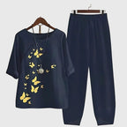 Lässiges Damen-Set aus zwei Teilen mit Print, kurzärmeligem Oberteil und weiten, bequemen Hosen für den Alltag – Alessia