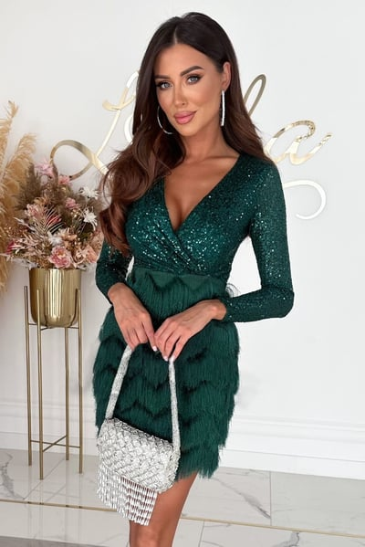 Robe courte à franges en sequins pour femmes à manches longues, décolleté en V, soirée, cocktail, réveillon du Nouvel An, gala d'anniversaire – Rose