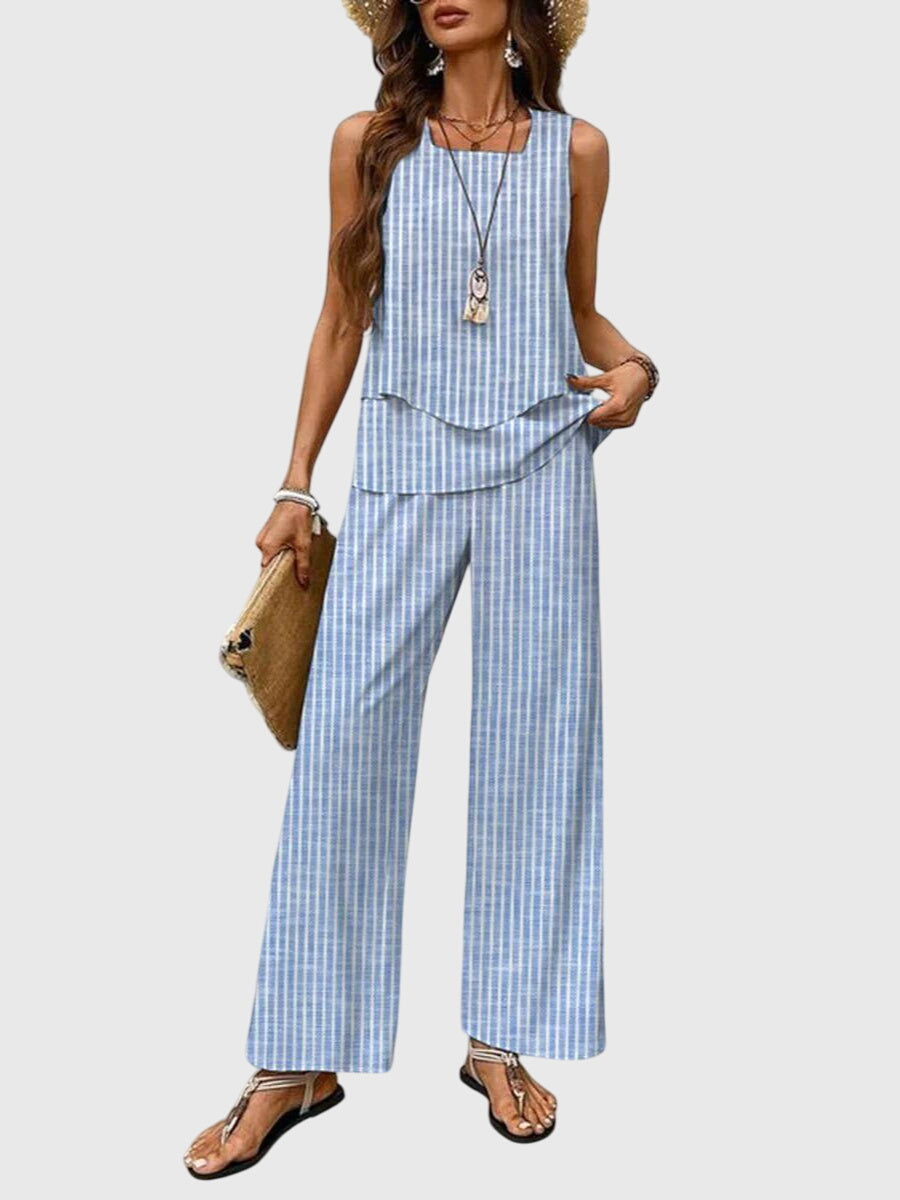 Ensemble d'Été Élégant 2 Pièces pour Femmes Haut à Col Carré Pantalons Amples Imprimé Floral Décontracté Chic – Brenda