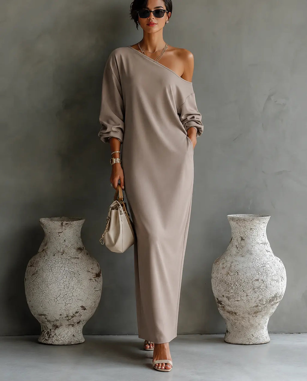 Vestido Longo Linho Algodão Mangas Balão Silhueta Descontraída Mulher Formal Casamento Chic Praia Resort Diário Verão – Solène