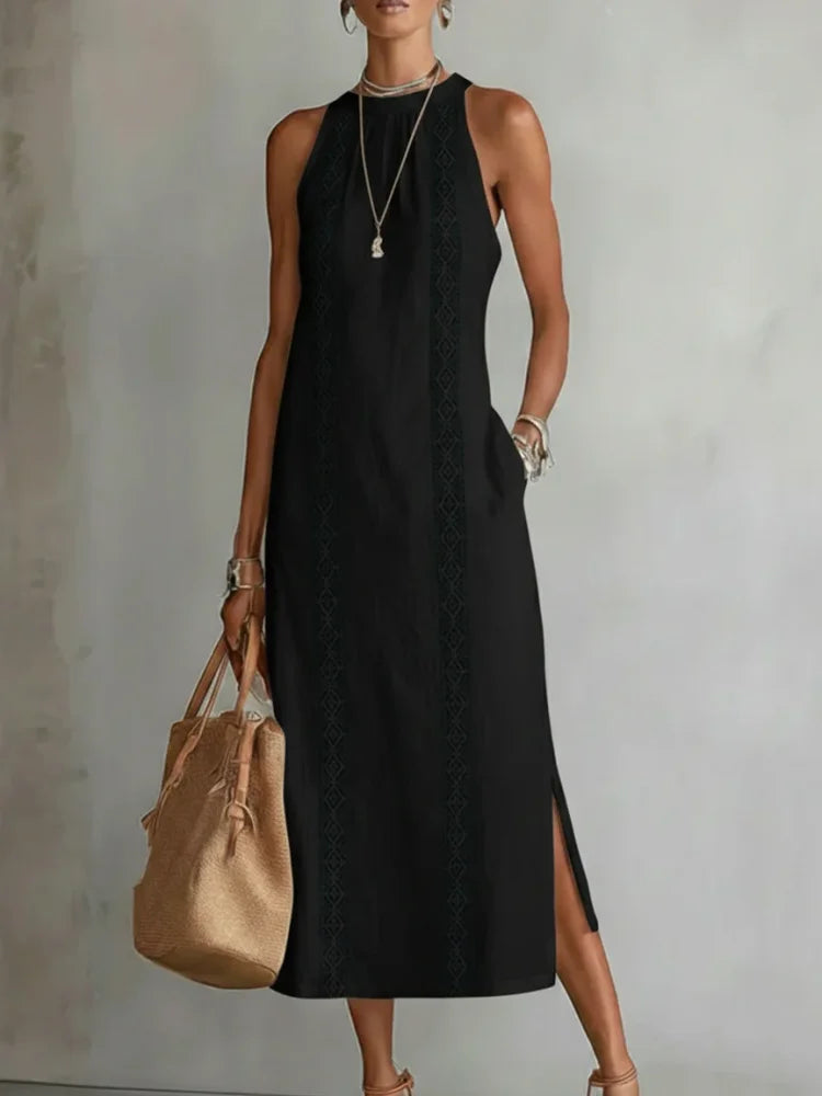 Robe Midi en Lin Minimaliste Rétro Femme Sans Manches Col Haut Détail en Dentelle Décontractée Été Plage Vacances Quotidien – Céleste
