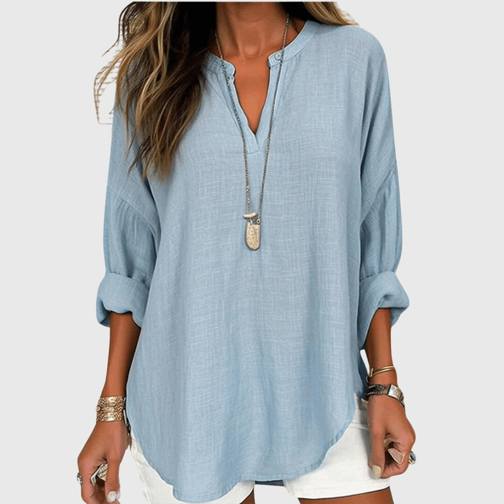 Chemise de Plage Élégante et Fluide pour Femmes à Col en V à Manches Longues, Coupe Décontractée, Casual Été – Lenara